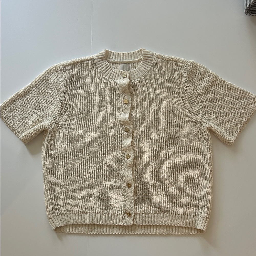 Maeve Women's Cream Short Sleeve Sweater with Gold Buttons